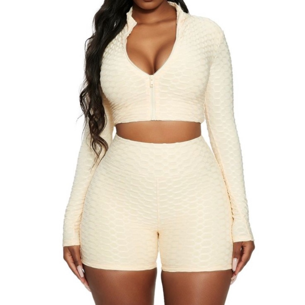 Naked Wardrobe Honeycomb zip it crop top and short set